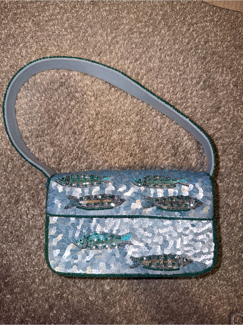 Anthropologie Fiona Sequin Beaded Sardine Fish Shoulder Bag - Light Blue & Teal